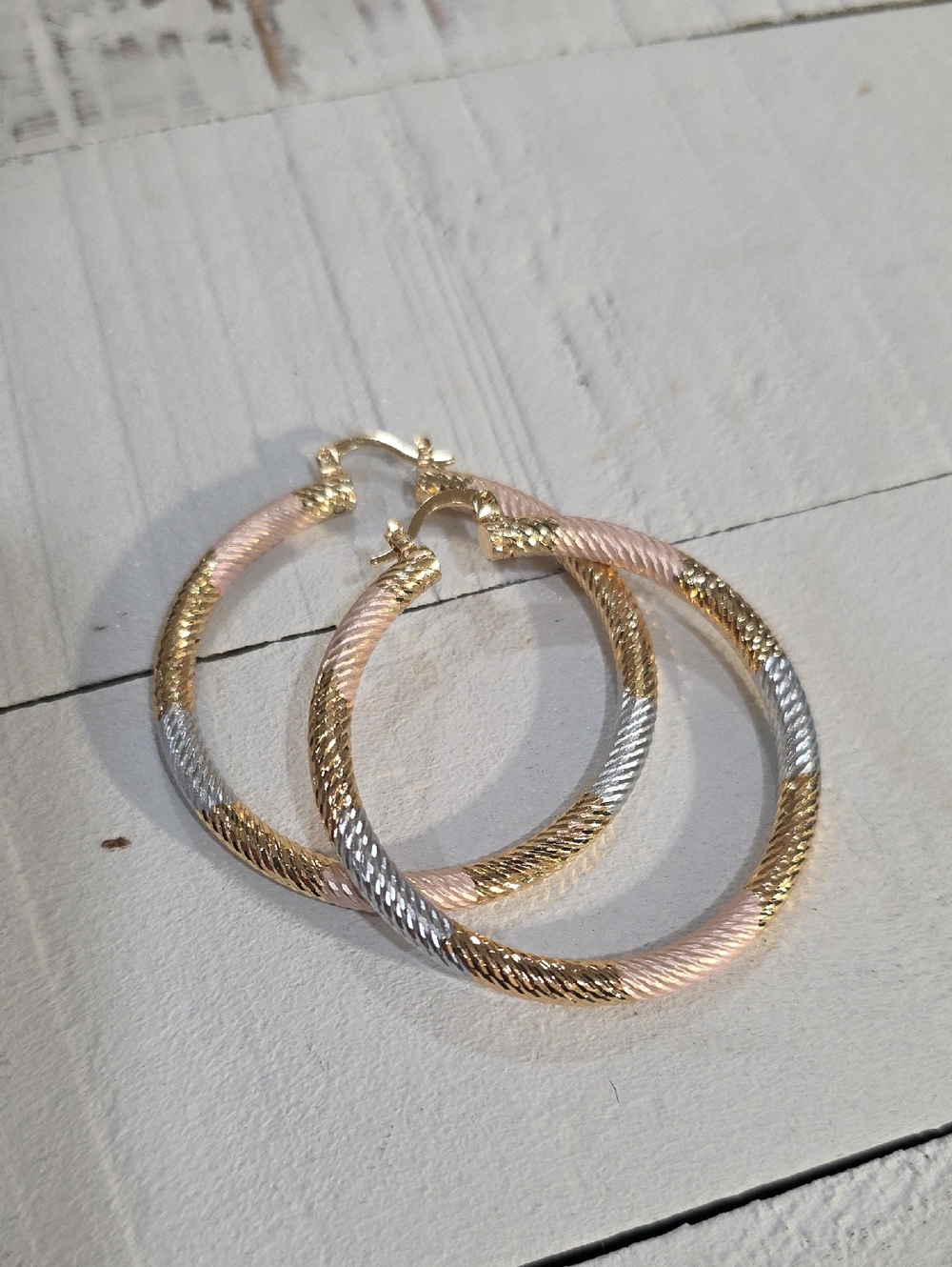14k Gold Plated Tri-Tone Hoop Earrings - Gold, Silver & Rose